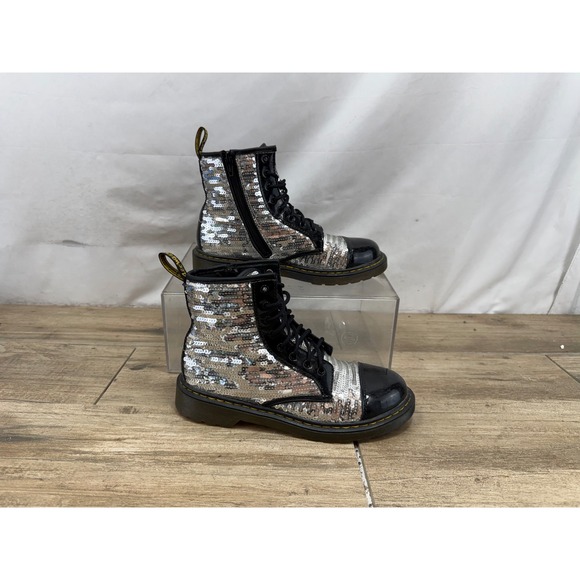 Dr. Martens Shoes - Dr. Martens 1460 Pooch Sequin Silver Black Lace Up Boots Womens 6 5182